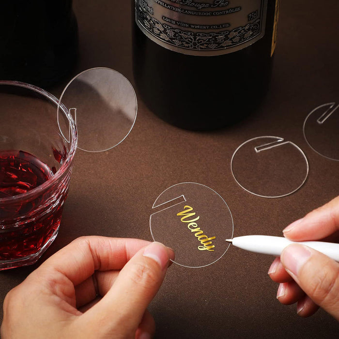 30 Piece Round Acrylic Drink Labels Clear Gold Mirror