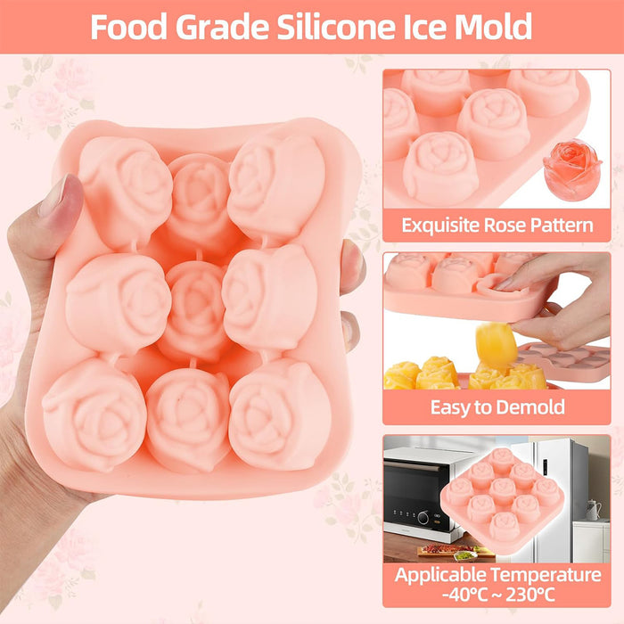 9 Cavity Rose Ice Ball Mould Food Grade Silicone Pink