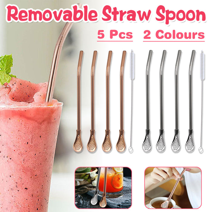 5 Pcs Straw Spoons with Removable Filter 18cm Stainless Steel