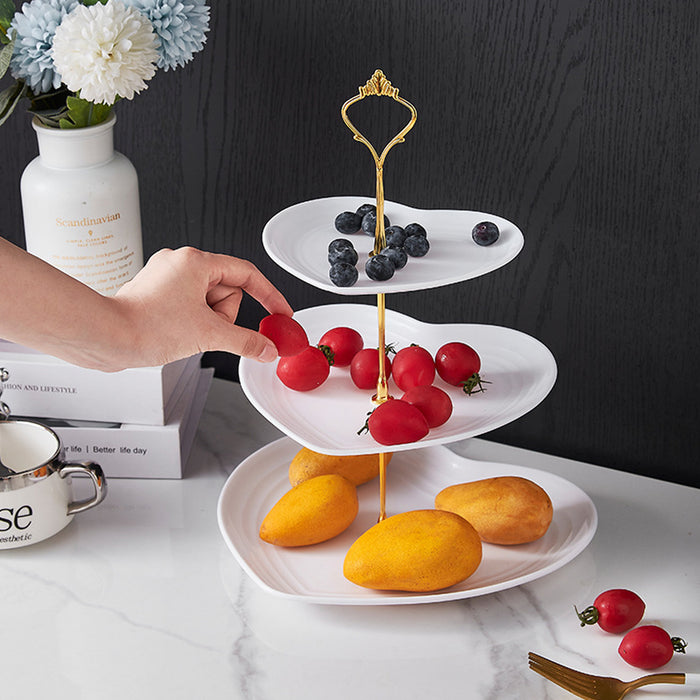 3 Pcs 3-Tier Porcelain Dessert Stand with Gold Heart Handle 26 x 33 cm