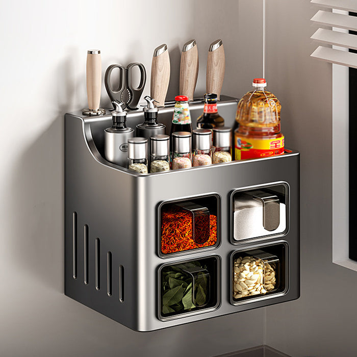 Wall-Mounted Spice Rack with Knife Holder 4 Sealed Drawers