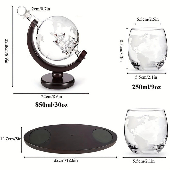 Globe Wine Decanter Set with Sailing Ship and 2 Glasses