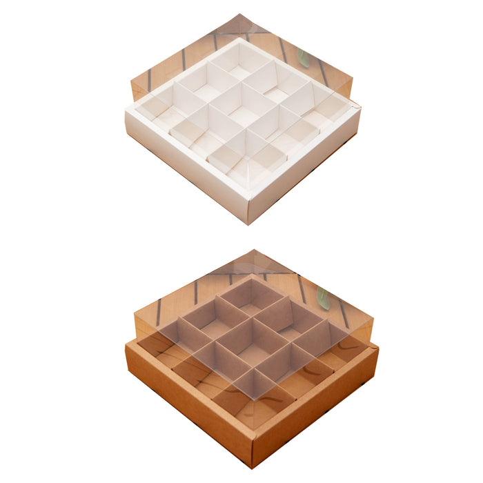 10 Pcs Nine-Grid Cake Box Transparent Lid Kraft Paper PET 25 x 25 x 10 cm