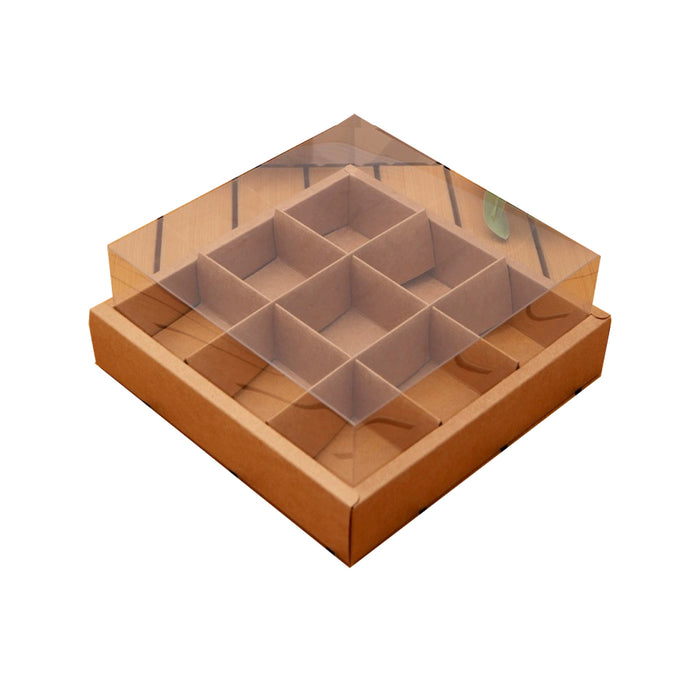 10 Pcs Nine-Grid Cake Box Transparent Lid Kraft Paper PET 25 x 25 x 10 cm