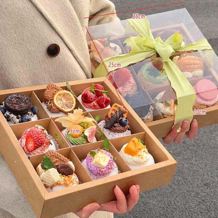 10 Pcs Nine-Grid Cake Box Transparent Lid Kraft Paper PET 25 x 25 x 10 cm