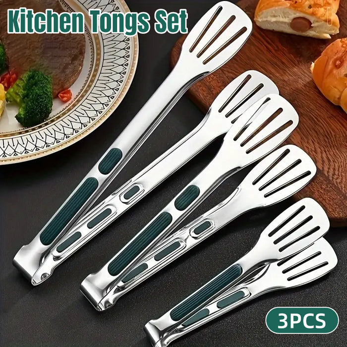 3 Pcs Stainless Steel Food Tongs Slotted Silicone Handle Set