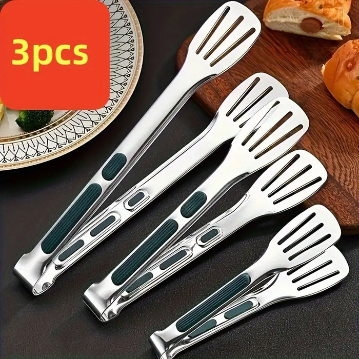 3 Pcs Stainless Steel Food Tongs Slotted Silicone Handle Set
