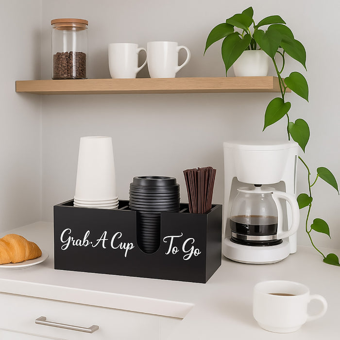 Wood Coffee Cup Straw Holder 3-Compartment Countertop Organizer