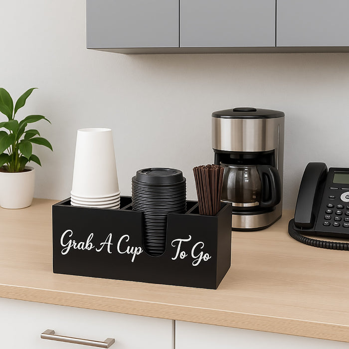 Wood Coffee Cup Straw Holder 3-Compartment Countertop Organizer
