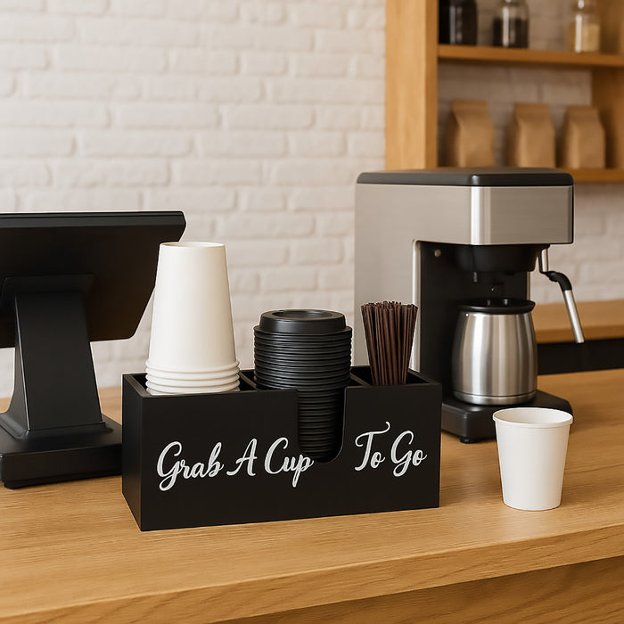 Wood Coffee Cup Straw Holder 3-Compartment Countertop Organizer