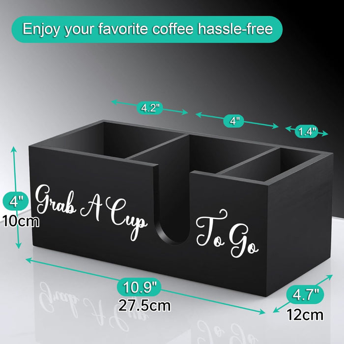 Wood Coffee Cup Straw Holder 3-Compartment Countertop Organizer
