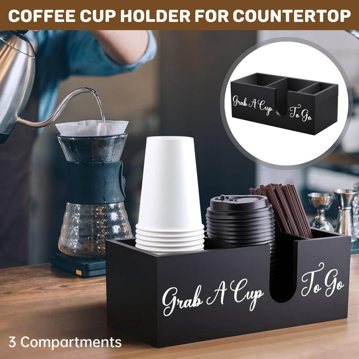 Wood Coffee Cup Straw Holder 3-Compartment Countertop Organizer