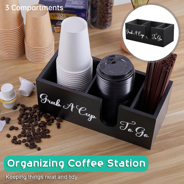 Wood Coffee Cup Straw Holder 3-Compartment Countertop Organizer