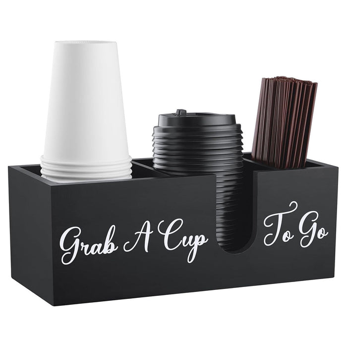 Wood Coffee Cup Straw Holder 3-Compartment Countertop Organizer