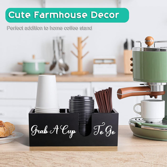 Wood Coffee Cup Straw Holder 3-Compartment Countertop Organizer