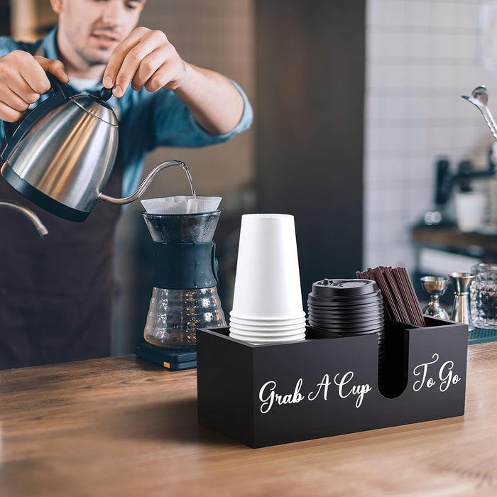 Wood Coffee Cup Straw Holder 3-Compartment Countertop Organizer