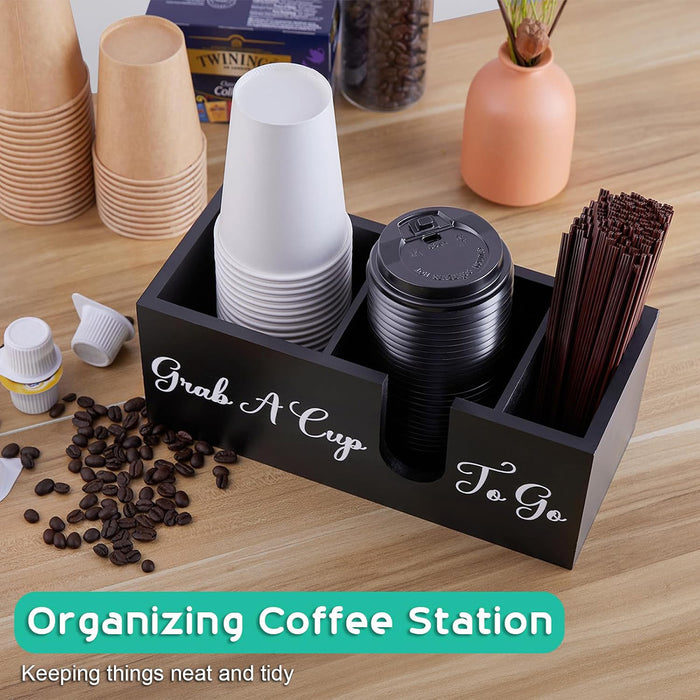 Wood Coffee Cup Straw Holder 3-Compartment Countertop Organizer