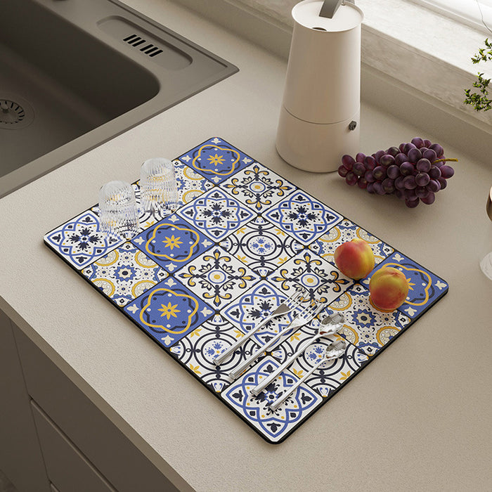 Absorbent Kitchen Drain Mat Non-Slip Countertop Drying Pad Mosaic Pattern 40x30cm