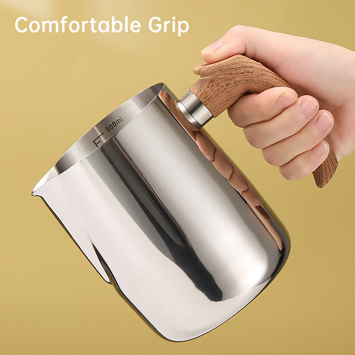 Milk Frothing Pitcher with Wooden Handle Inner Scale 600ml 900ml