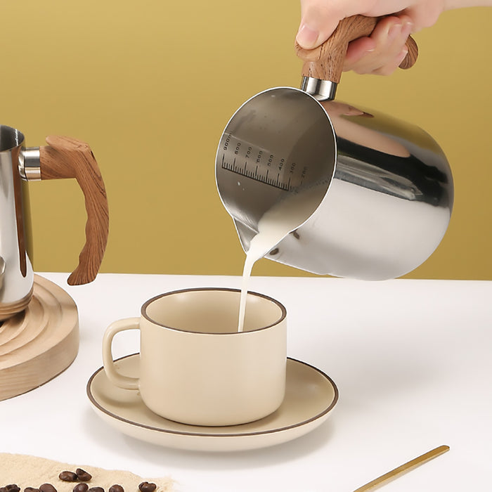 Milk Frothing Pitcher with Wooden Handle Inner Scale 600ml 900ml
