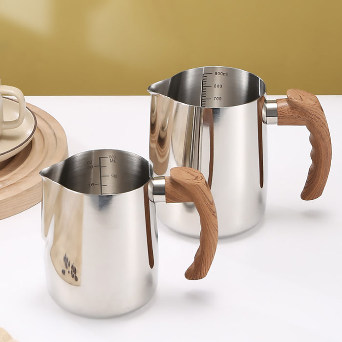 Milk Frothing Pitcher with Wooden Handle Inner Scale 600ml 900ml