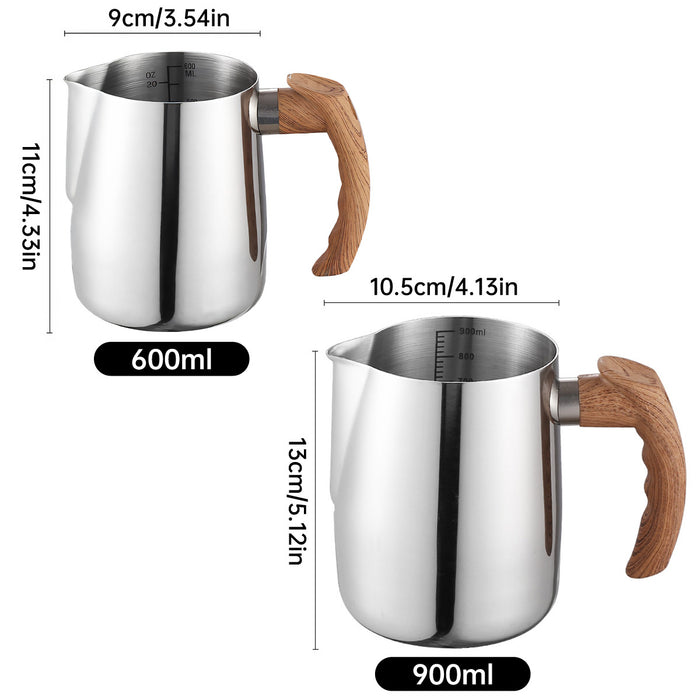 Milk Frothing Pitcher with Wooden Handle Inner Scale 600ml 900ml