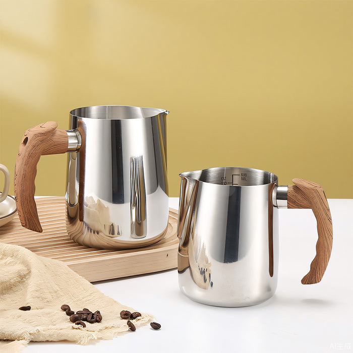 Milk Frothing Pitcher with Wooden Handle Inner Scale 600ml 900ml