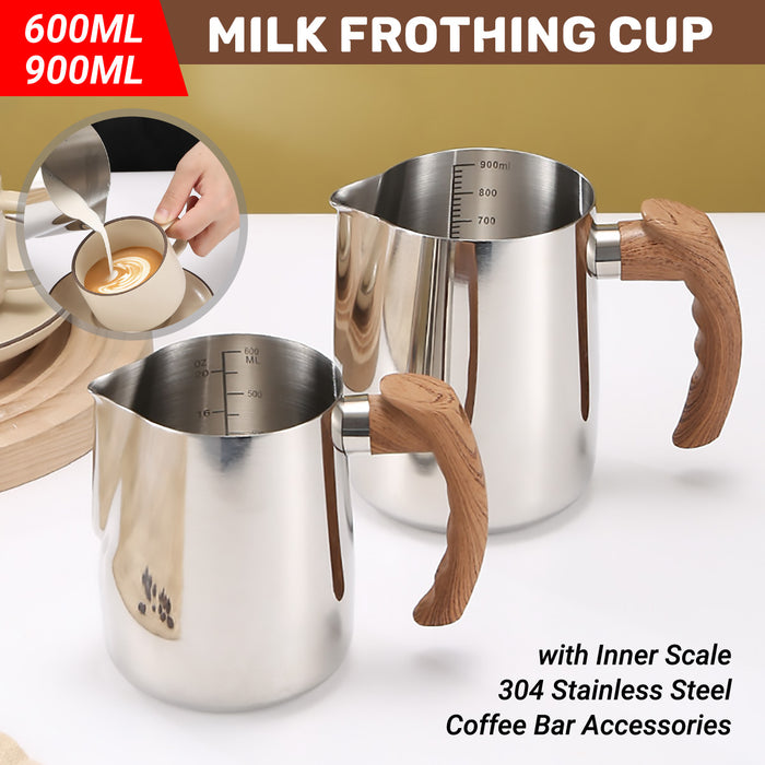 Milk Frothing Pitcher with Wooden Handle Inner Scale 600ml 900ml