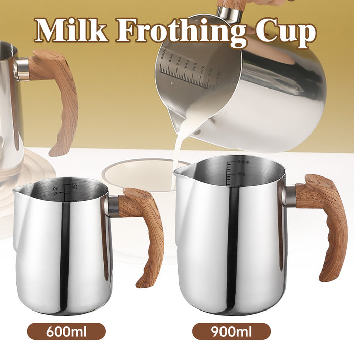 Milk Frothing Pitcher with Wooden Handle Inner Scale 600ml 900ml