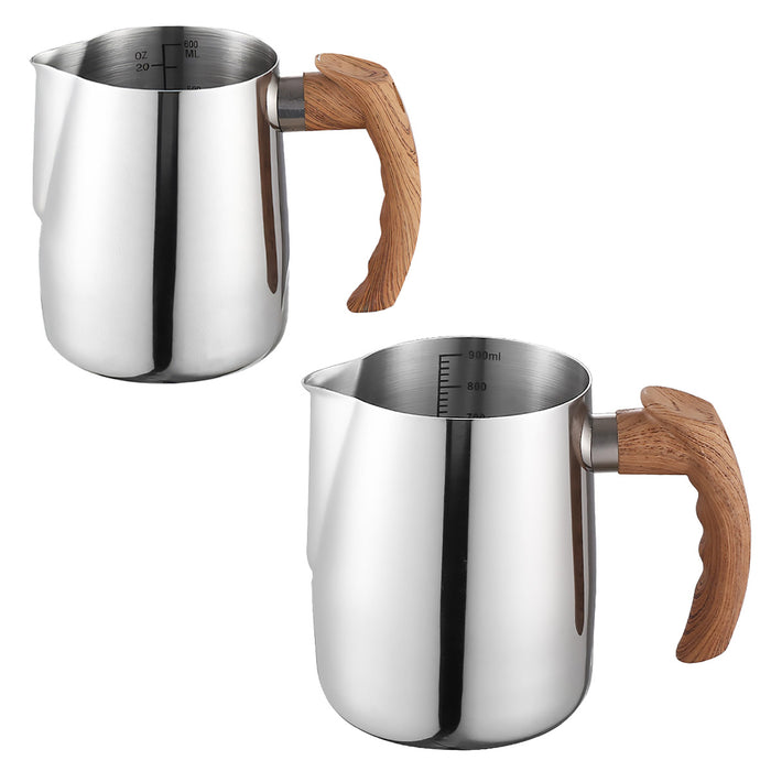 Milk Frothing Pitcher with Wooden Handle Inner Scale 600ml 900ml