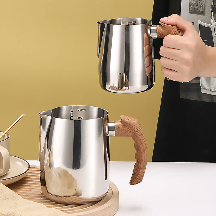 Milk Frothing Pitcher with Wooden Handle Inner Scale 600ml 900ml