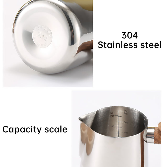 Milk Frothing Pitcher with Wooden Handle Inner Scale 600ml 900ml