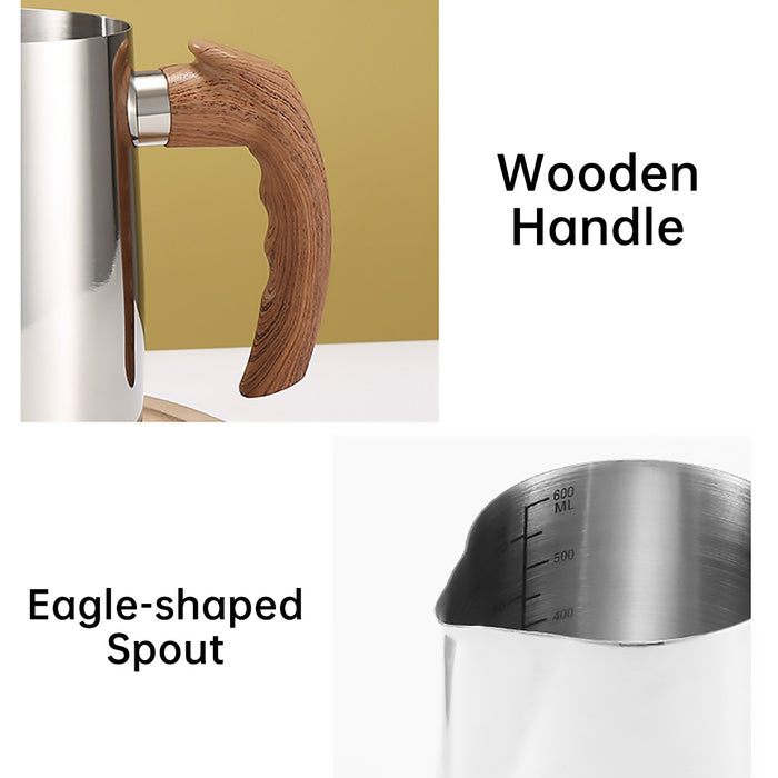 Milk Frothing Pitcher with Wooden Handle Inner Scale 600ml 900ml