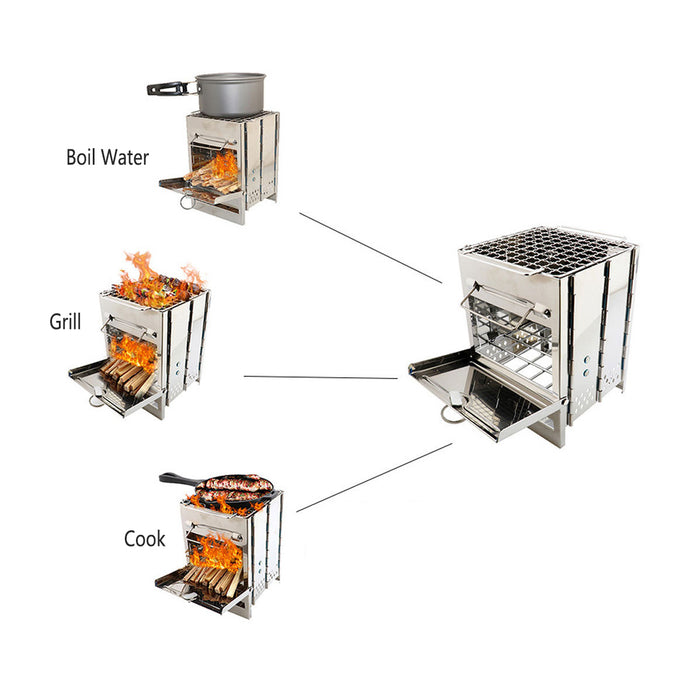 Foldable Stainless Steel BBQ Grill Multi-Fuel Camping Stove 14 x 14 x 21 cm