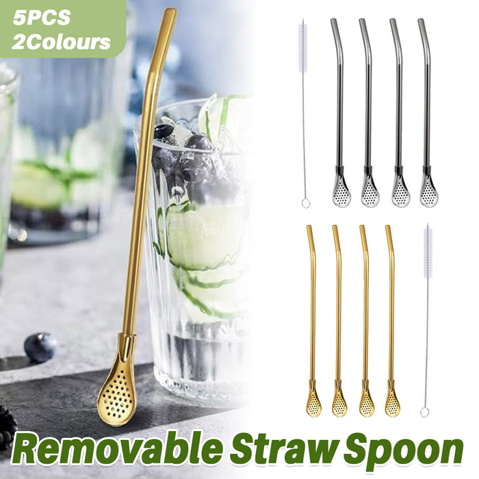 5 Pcs Straw Spoons with Removable Filter 18cm Stainless Steel