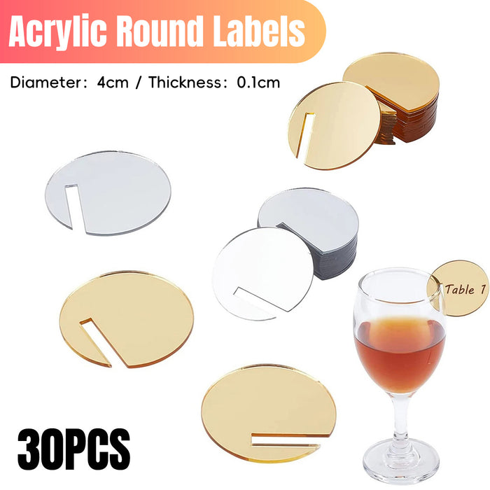 30 Piece Round Acrylic Drink Labels Clear Gold Mirror