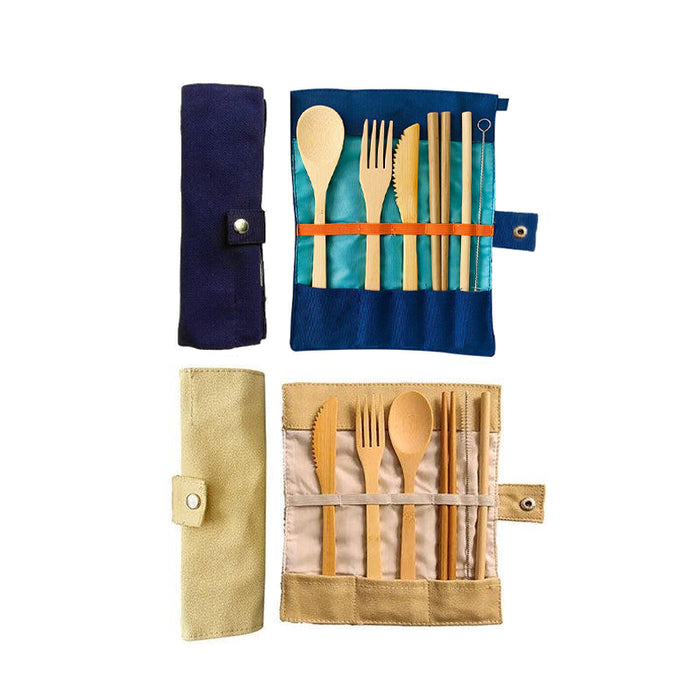 7 Pcs Reusable Bamboo Cutlery Set for Camping with Pouch