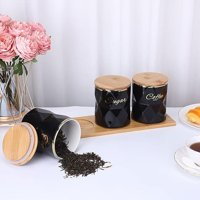 3 Pcs Ceramic Airtight Storage Jars with Bamboo Lids and Tray