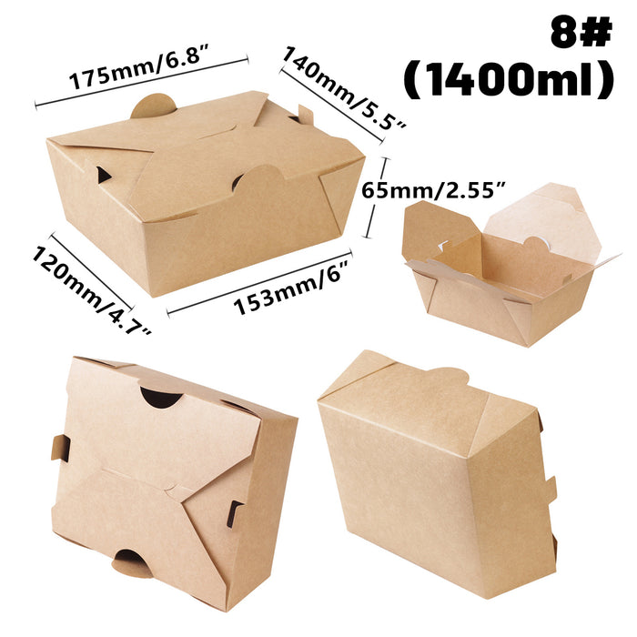 50PCS Disposable Kraft Paper Food Boxes, PE-Coated, Leak-Resistant, 750ml/1400ml