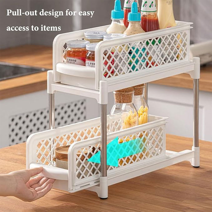 2 Tier Spice Rack Storage Organiser Plastic with Pull-Out Drawer