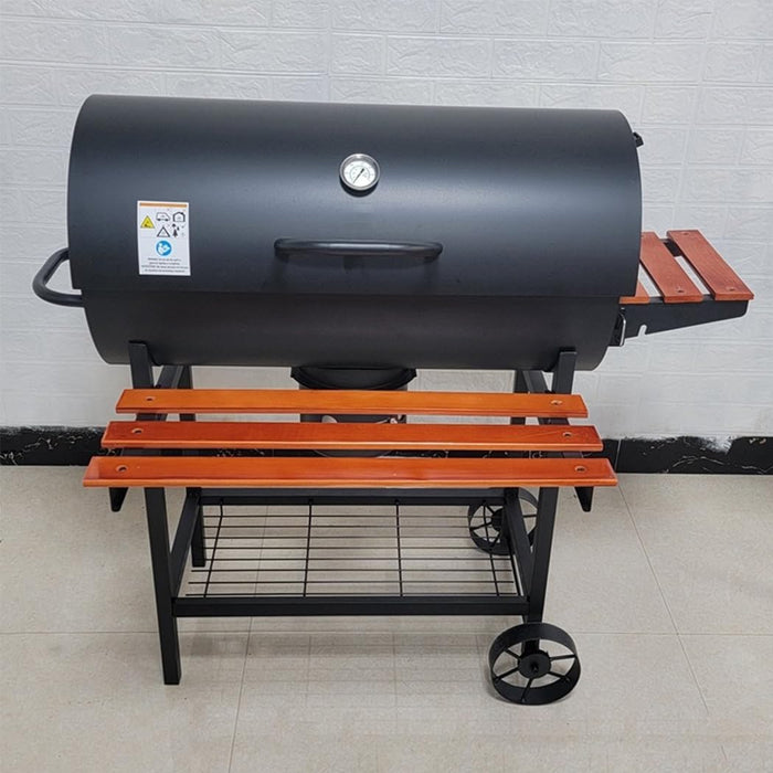 Portable Outdoor Charcoal BBQ Grill with Thermometer Wooden Shelf 105.5 x 85 x 118 cm