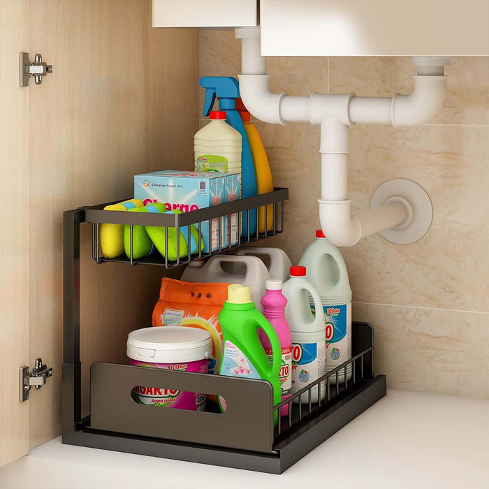 Under Sink Storage Rack L Shape Sliding Drawer Black