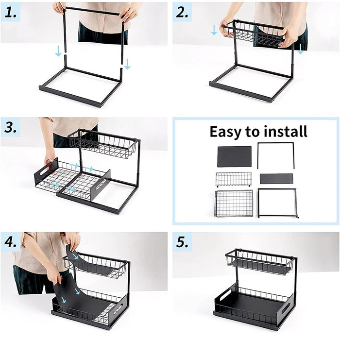 Under Sink Storage Rack L Shape Sliding Drawer Black
