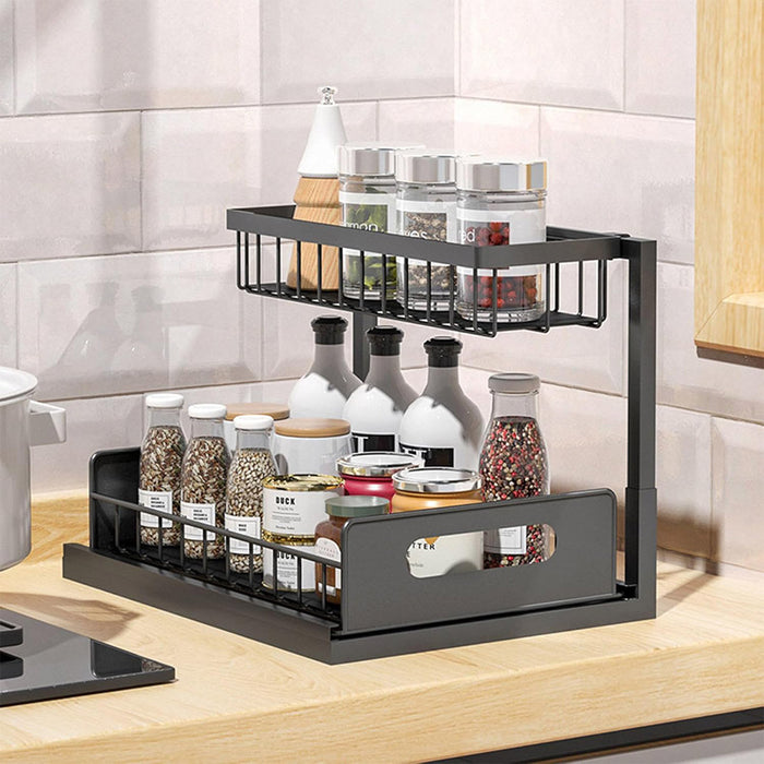 Under Sink Storage Rack L Shape Sliding Drawer Black