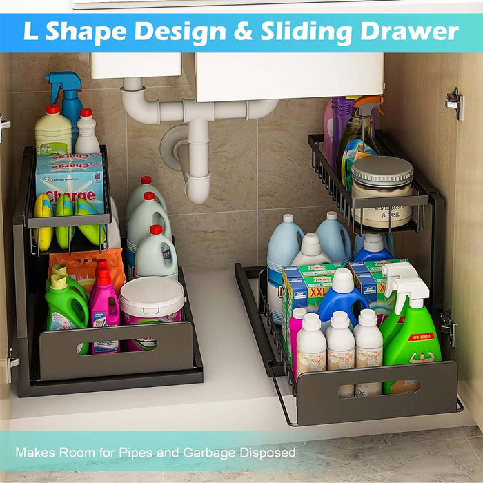 Under Sink Storage Rack L Shape Sliding Drawer Black