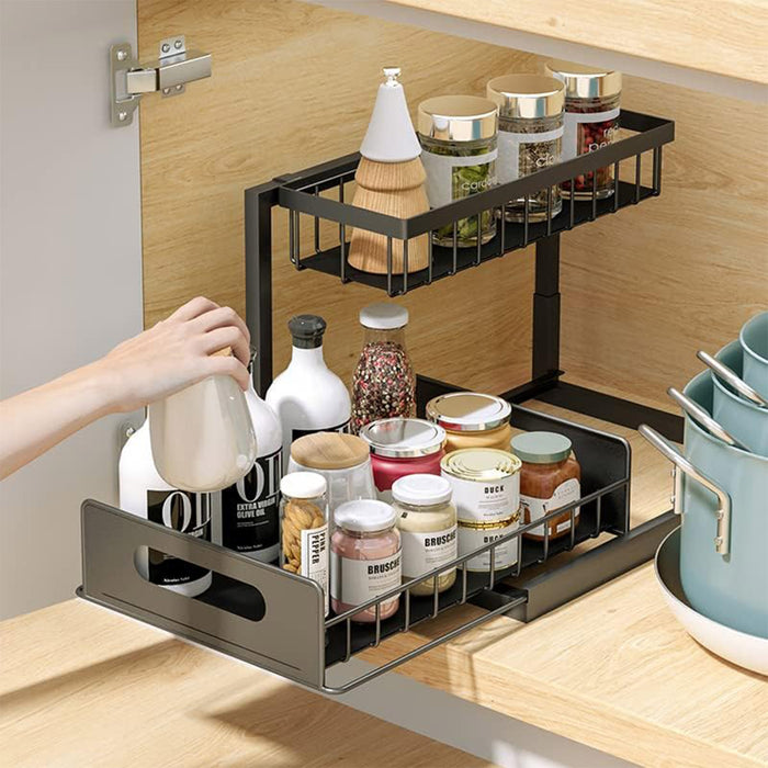 Under Sink Storage Rack L Shape Sliding Drawer Black