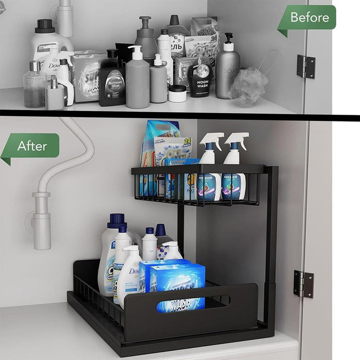 Under Sink Storage Rack L Shape Sliding Drawer Black
