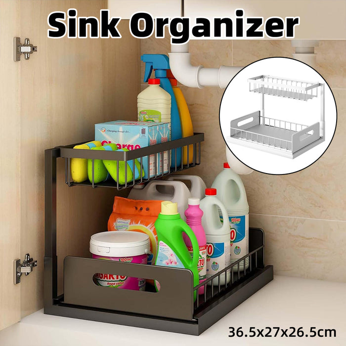Under Sink Storage Rack L Shape Sliding Drawer Black
