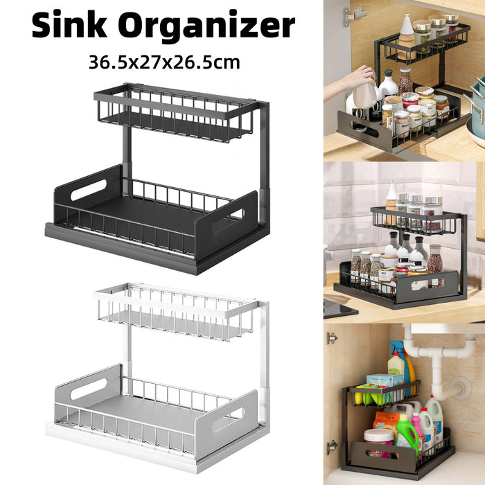Under Sink Storage Rack L Shape Sliding Drawer Black