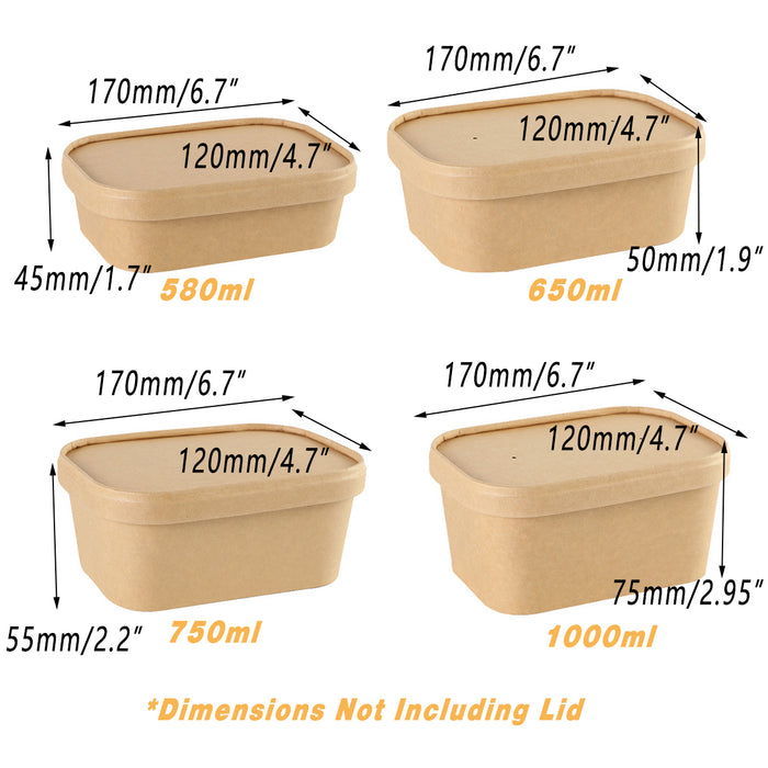 50 Pcs Kraft Paper Lunch Boxes with Lids Microwave Freezer Safe 580-1000 ml